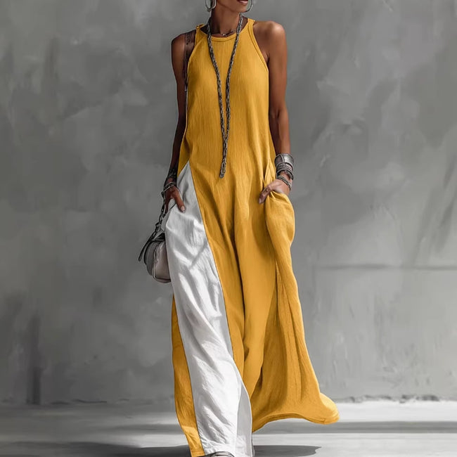 Women Strappy Maxi Dress A-line Vest Type Color Block Summer Beach Dress Loose Casual Halter Neck Pocket Side Split Long Dresses Main Image