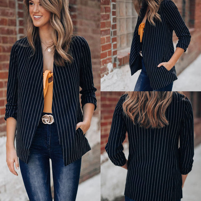 British style striped denim blazer Hover Image