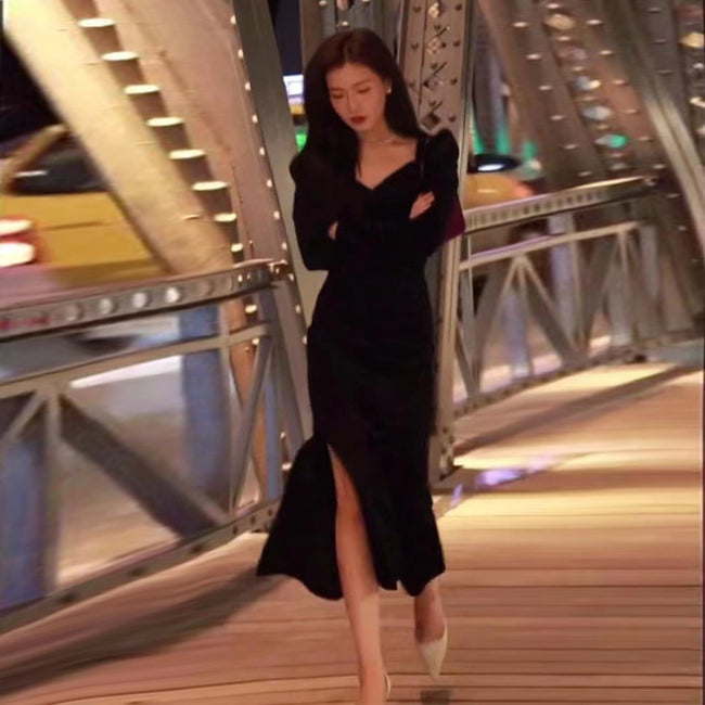 Women Fashionable Temperament Gold Velvet Dress Hover Image