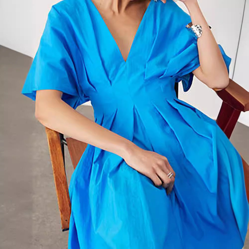 Blue V-neck Pleated Dress Bell Sleeve Dress French Style
