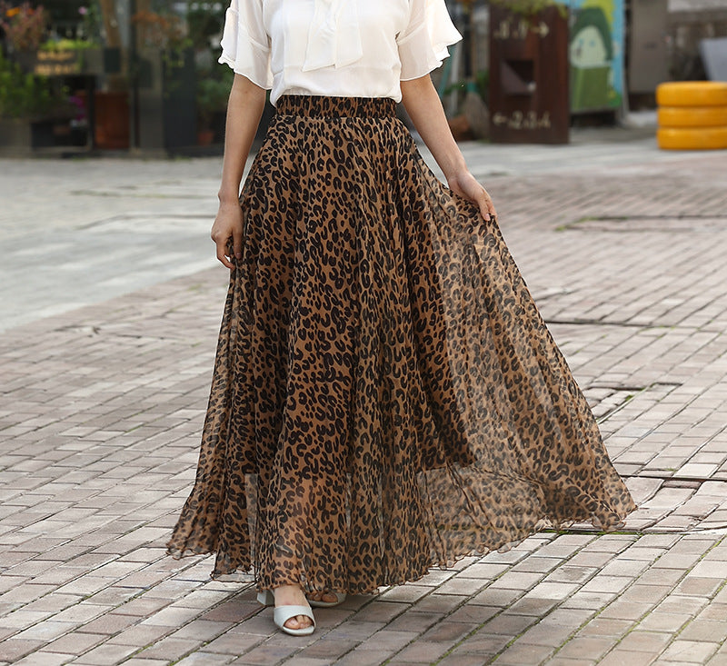 Leopard print sexy chiffon long skirt