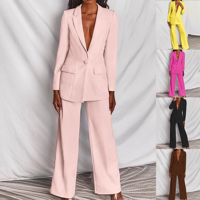 2pcs Casual Suit Lapel Button-down Blazer Jacket And Straight-leg Pants Office Commuting Business Trousers Set Clothing Hover Image