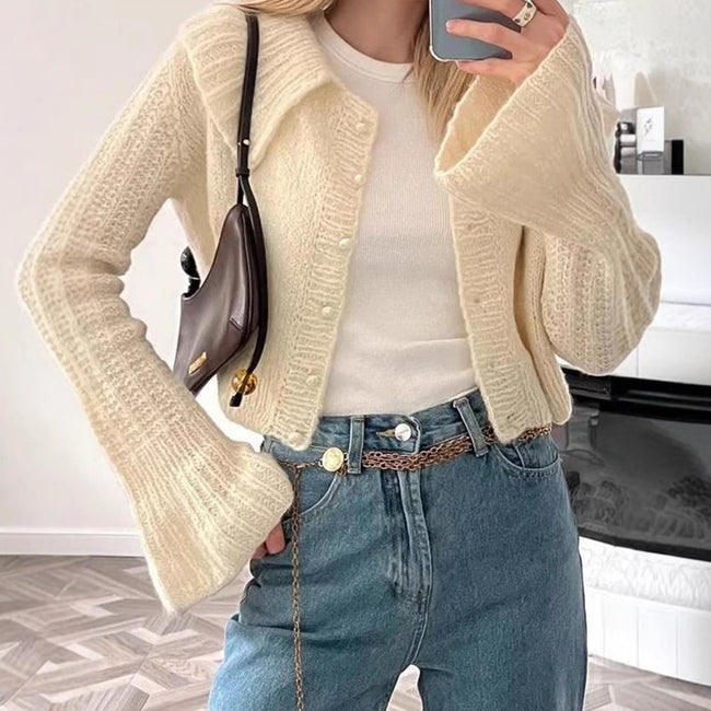 Short Lapels Bell Sleeve Sweater For Women Main Image