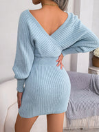 Cross V-Neck Batwing Sleeve Bodycon Sweater Dress