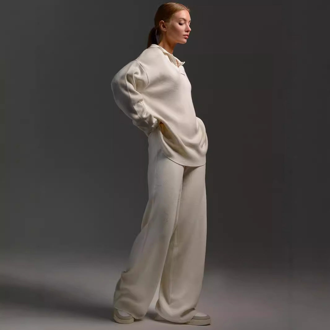Women's Sweatshirt Suit Casual Collared Long-Sleeved Pullover Top And Loose Straight-Leg Pants Fashion Sport Trousers Set