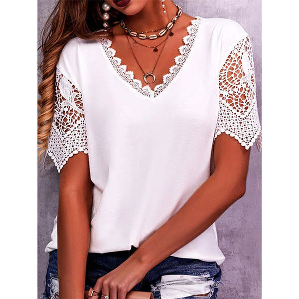 Lace Tops Women Summer Loose V Neck Short Sleeve Casual Shirts Main Image