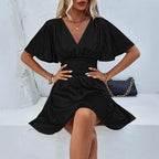 Solid Color And V-neck Ruffle Sleeve Dress