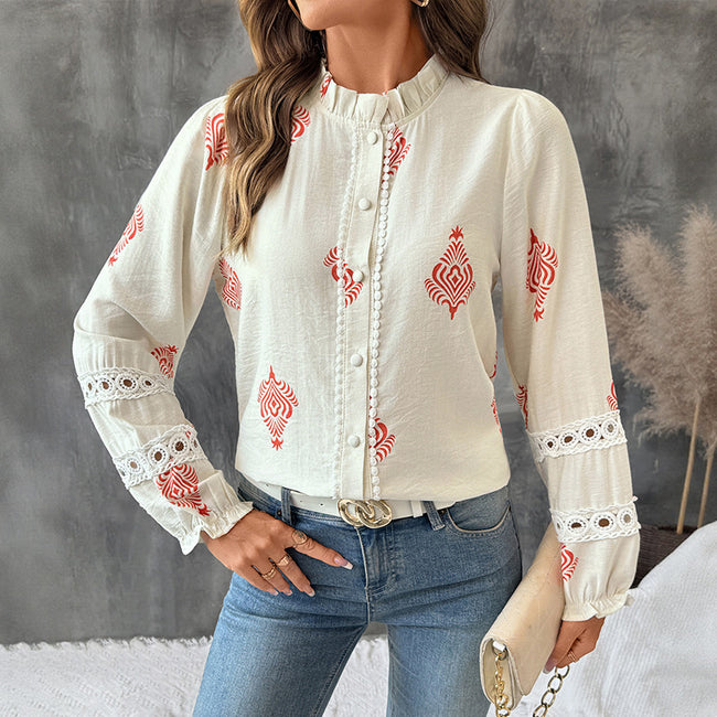 Stand Collar Ethnic Print Shirt For Women Hover Image
