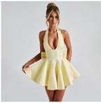 Slim-fit Jacquard Halter Bow Dress Women