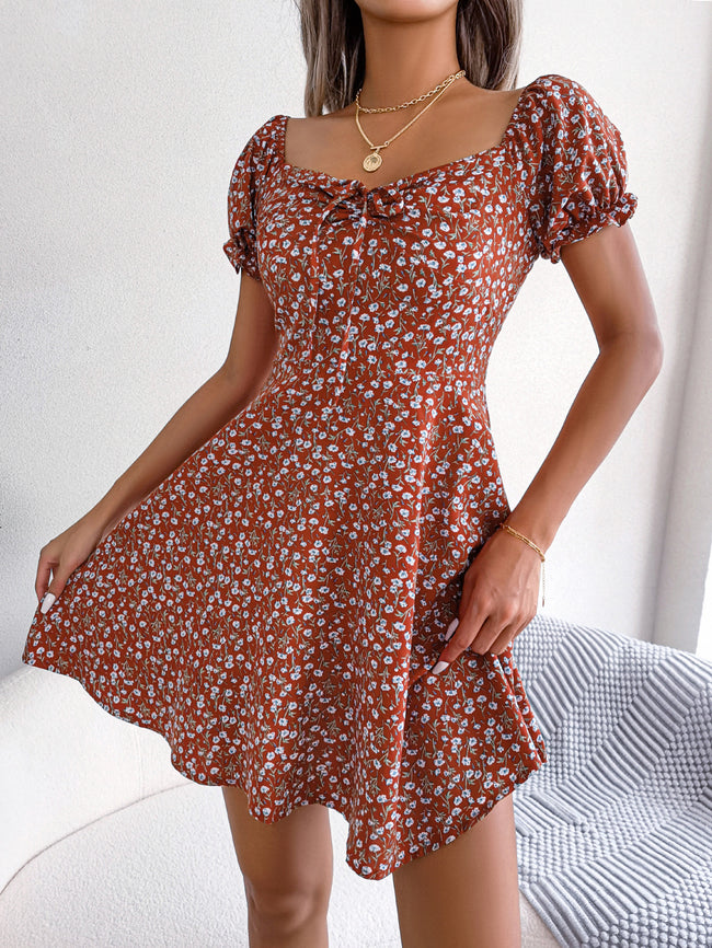 Women   Casual Bell Sleeve Drawstring Tie Flowy Floral Print Dress Main Image