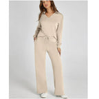 Women's Tracksuit Sports Suit V-neck Long-sleeved Pullover Top And Drawstring Straight-leg Trousers Casual Solid Trousers Set