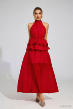 Flowy Ruffled Wedding Dress With A Halter Neckline