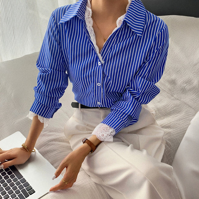 Striped Button Long Sleeve Shirt For Women Hover Image