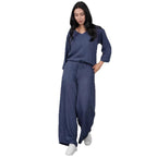 Womens Casual Two-Piece Set Fashionable Solid-Color Loose Cropped-Sleeve Wide-Leg Pants Suit