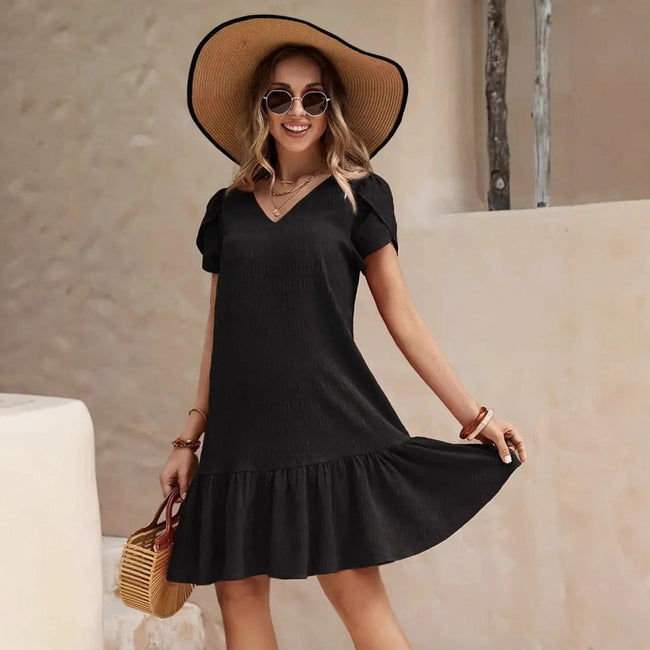 V-neck Solid Color Loose Casual Short Sleeve Dress Hover Image