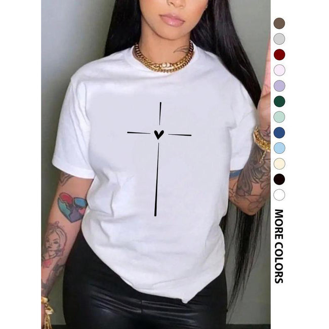 Women's Cross Heart Print Round Neck Tee Graphic Tees T-shirt Main Image