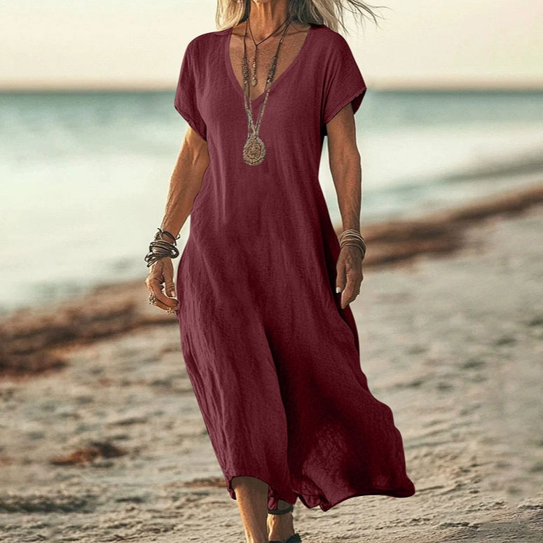 Loose Solid Color And V-neck Cotton And Linen Dress