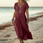 Loose Solid Color And V-neck Cotton And Linen Dress