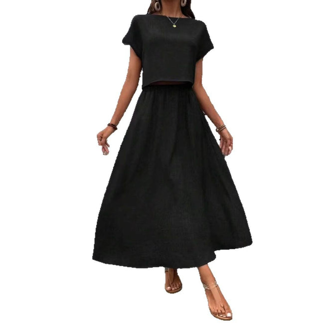 2 Piece Set Women's Solid Color Short Sleeve Top And Casual A- Line Dress Suit Main Image