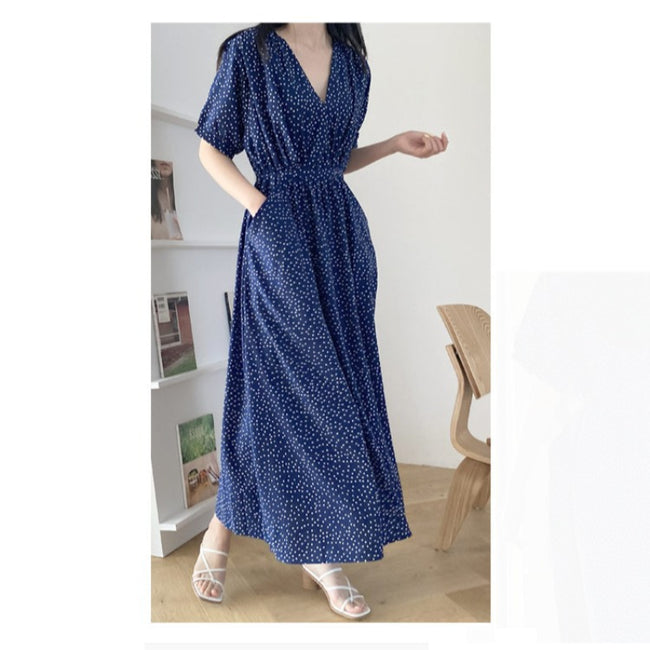 Women's V-neck Short Sleeve Dress Slim-fit Polka Dot Large Swing Dress Main Image