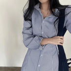 Striped Long-sleeved Shirt Dress Women's Single-breasted Skirt
