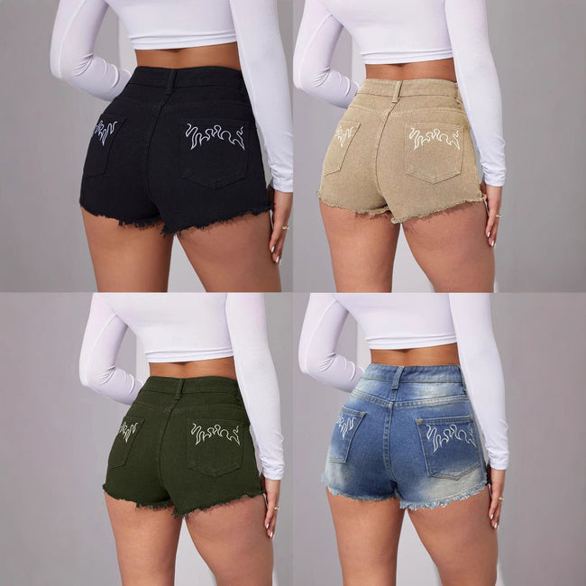 Stylish Non-Stretch Mid-Waist Embroidered Denim Shorts For Women Main Image
