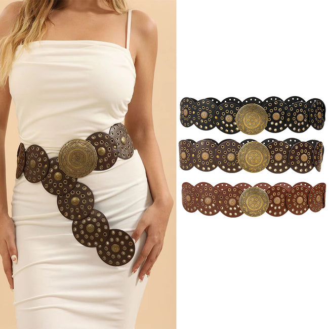 Retro Personality Men's And Women's Belts Exaggerated Hip Hop Punk Metal Cutout Round Fashion Belts Hover Image