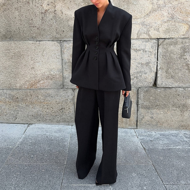 Black Long Sleeve V-neck Pleated Waist Tight Suit Jacket Trousers Two-piece Set Main Image