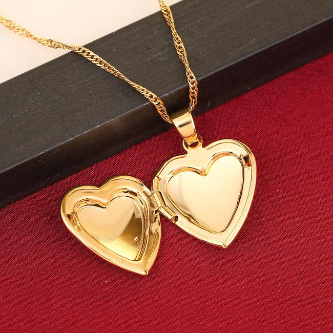 Valentines Gift Heart Locket Pendant Necklace 24K Gold Color Romantic Fancy Heart Jewelry For Women Main Image