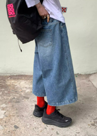 Elastic-waist Distressed Wide-leg Capri Jeans For Women