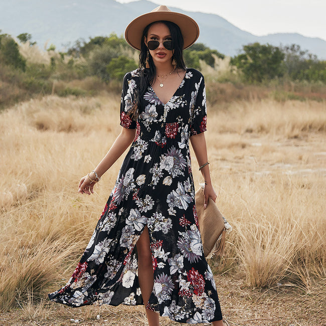 Floral Summer Beach Dress With V Neck Elastic Waist Dresses For Women Hover Image