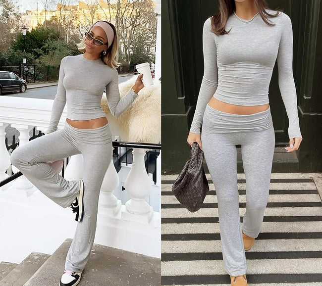 Leisure Sports Two-piece Set, Long Sleeved High Waisted Foldable Flared Pants, Sports Suit, Streetwear Main Image