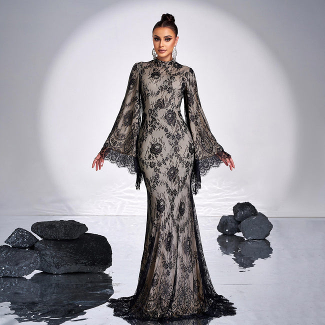 Long Sleeve Round Neck Sexy Lace Banquet Dress Hover Image