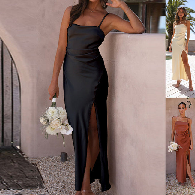 Summer Pure Color Split Dress Women Hover Image