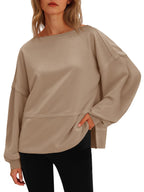 Fisoew Womens Casual Crewneck Sweatshirts Lantern Long Sleeve Side Slit Loose Sweatshirt Fall Crop Pullover Tops