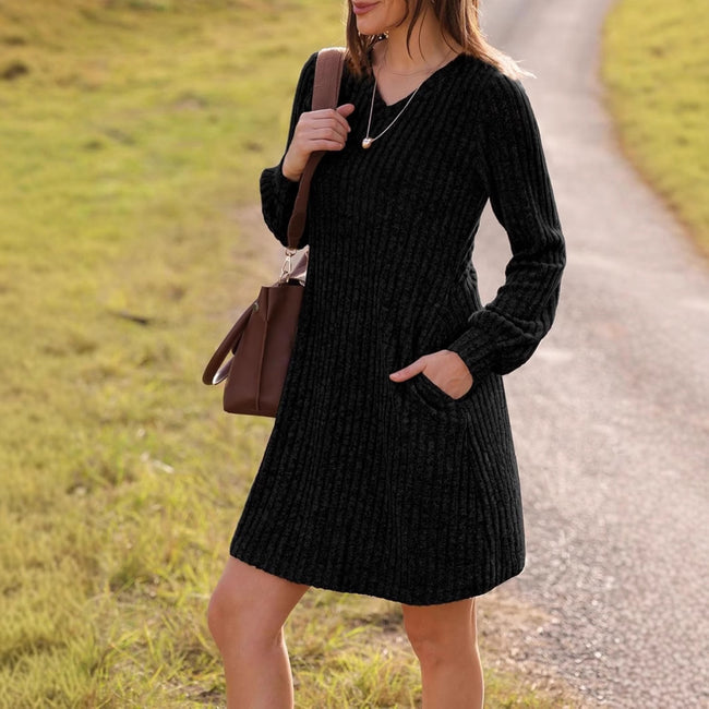 V-neck Pocket Sunken Stripe Brushed Long Sleeve Leisure Dress Hover Image