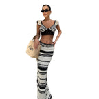 Sexy Petal Sleeve Cropped Tank Top Hip Striped Two-piece Long Dress