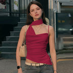 Womens Allure-Style Halterneck Flowy Strap Solid-Color One-Shoulder Camisole Top