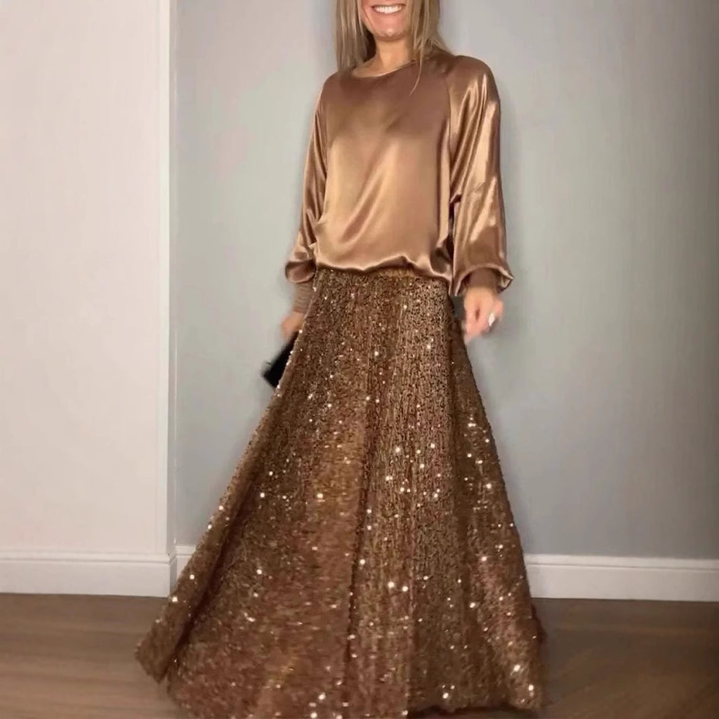 Round Neck Satin Top Sequin Dress Suit Two-piece Set