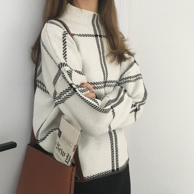 Core-spun high neck plaid sweater sweater top women Hover Image