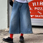 Elastic-waist Distressed Wide-leg Capri Jeans For Women