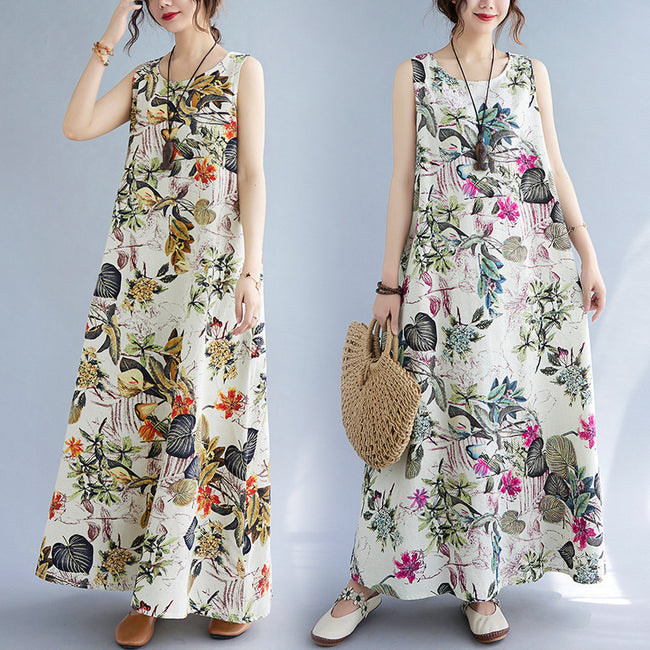 Printed Cotton Linen Round Neck Sleeveless Dress Women's Hover Image