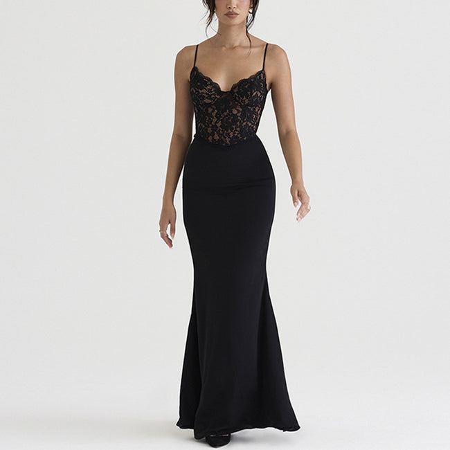 Lace High Waist Long Dress Deep V Strap Fishtail Gown Main Image