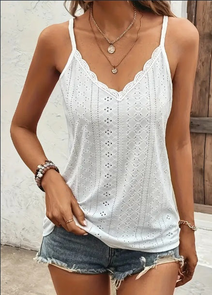 Solid Color V Neck Eyelet Cami Top, Elegant Scallop Trim Sleeveless Top For Spring & Summer, Women's Clothing Main Image