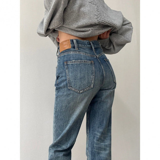 Flared Denim Jeans For Women Straight  Loose-fit Pants Retro Main Image