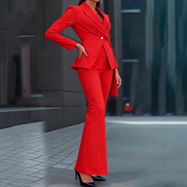 One Button Waist Cinched Belted Flared Pants Suit Set Main Image