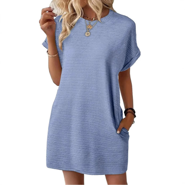 Loose Round Neck Pocket Solid Color Short Sleeve Dress Women Hover Image