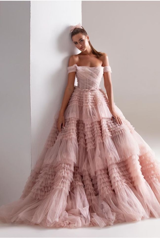 Bridal Wedding One Line Neck Lacquer Mesh Dress Main Image