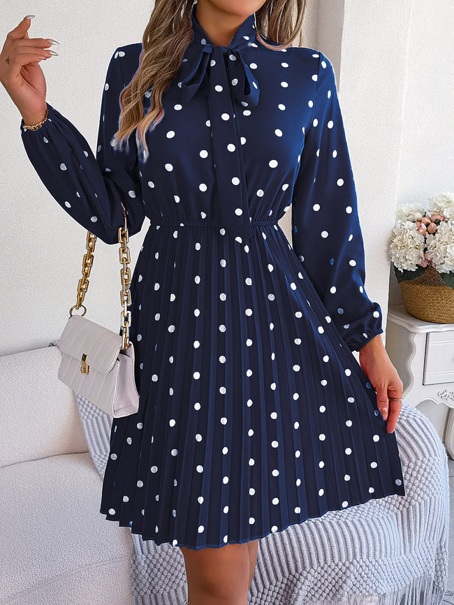 Women's Polka Dot Tie-Waist Long Sleeve Pleated Maxi Dress Hover Image