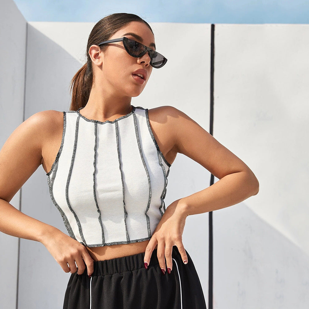 Contrast Stitching Round-neck Slim-fit Short Vest Top For Women
